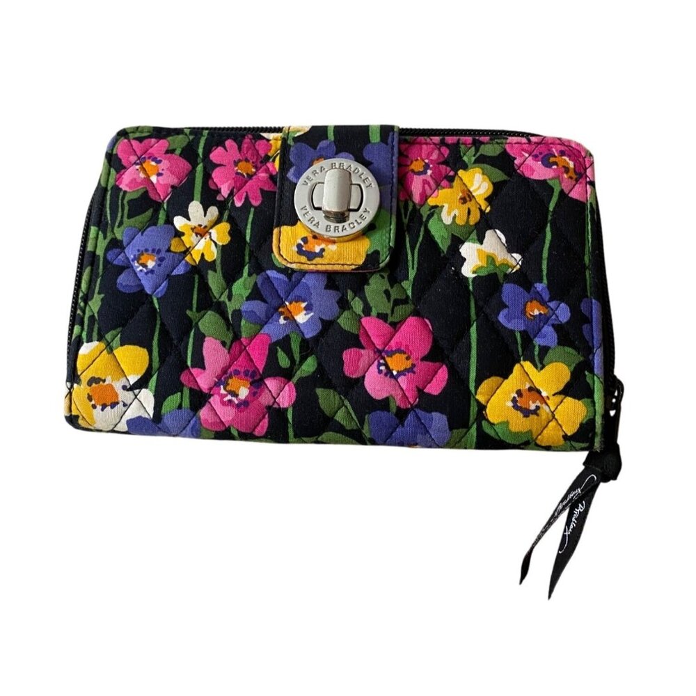 Vera Bradley Wallet Wild Flower Quilted Floral Turnlock Wallet With Zip Pocket